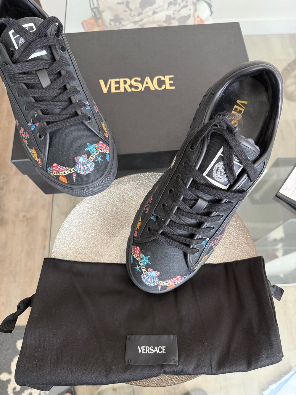 Versace Black Low-Top Sneakers with Multicolor Sea Shell Embroidery